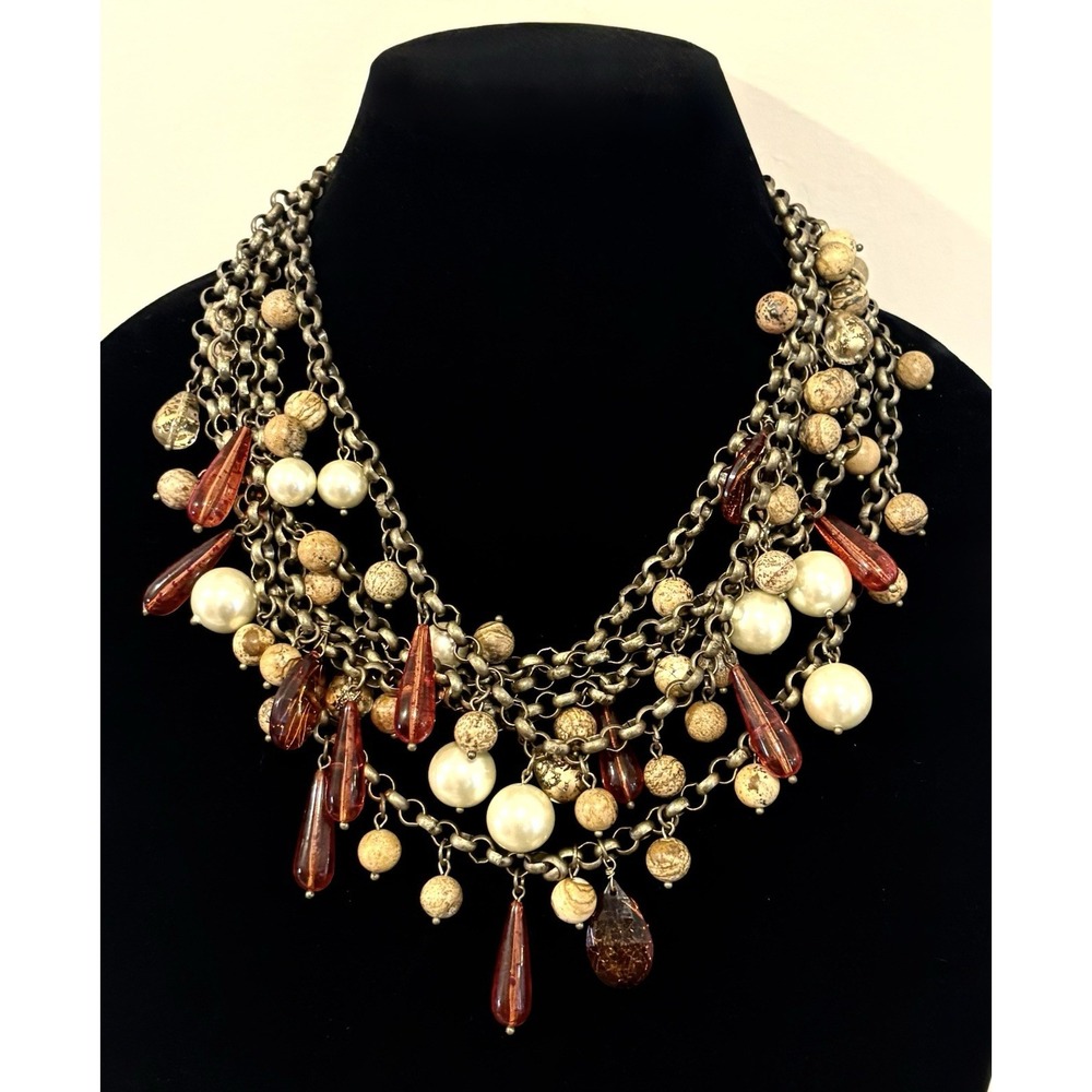 Vintage St. John Multi-Strand Pearl Bead Charm Chain Necklace Glass Brass Tone